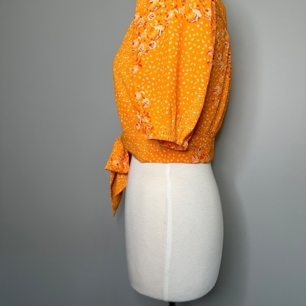 Joie Blouse Sz S Shirt Floral Orange Button Bow Tie Front Crop Cottagecore - Picture 6 of 11